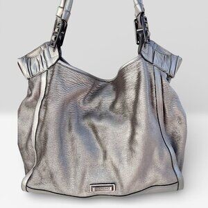 BURBERRY Established 1856 Silver Metallic Textured Leather Hobo Bag Luxury